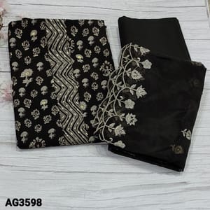 CODE AG3598 : Black Floral printed Viscous Silk Unstitched salwar material (soft, silky fabric, lining optional) with zigzag printed yoke patch and sequins detailing, Matching Cotton Bottom, Floral embroidery work on Fancy organza dupatta