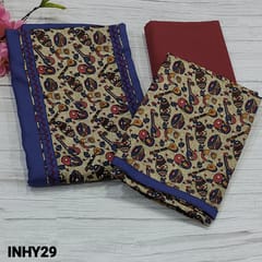 CODE INHY29 : Ink Blue Slub Cotton Unstitched Salwar material (Texture fabric, lining optional) with instrument printed, bead and sequins work on yoke, printed tapings on daman, Maroon Cotton Bottom, instrument printed Fancy art silk dupatta with tapings