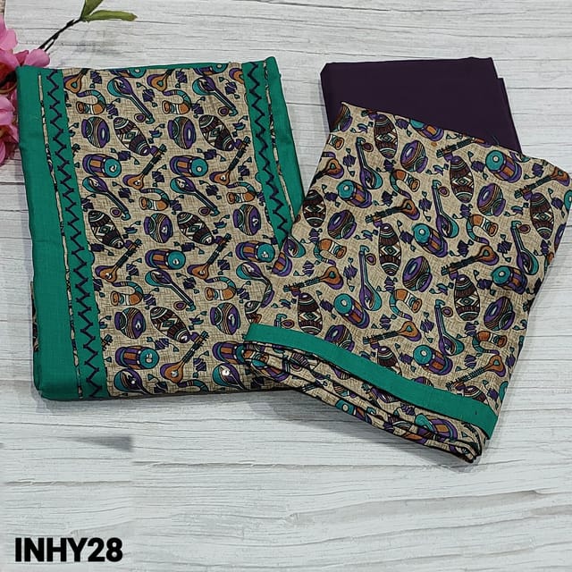 CODE INHY28 : Turquoise Blue Slub Cotton Unstitched Salwar material (Texture fabric, lining optional) with instrument printed, bead and sequins work on yoke, printed tapings on daman, Dark Purple Cotton Bottom, instrument printed Fancy art silk dupatta with tapings
