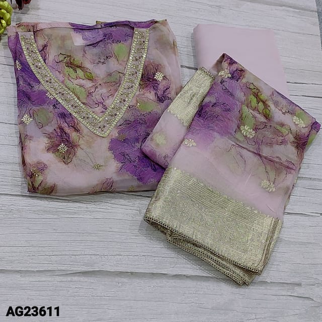 CODE AG23611 : Designer Lavender Base Pure Organza unstitched Salwar material(light weight ,thin fabric, lining needed) V neck, sequins,  zardozi and tiny pearl bead detailing on yoke, zari woven buttas on frontside, Dark Purple Floral printed all over, Matching Santoon Bottom, pure organza dupatta with antic gold zari borders