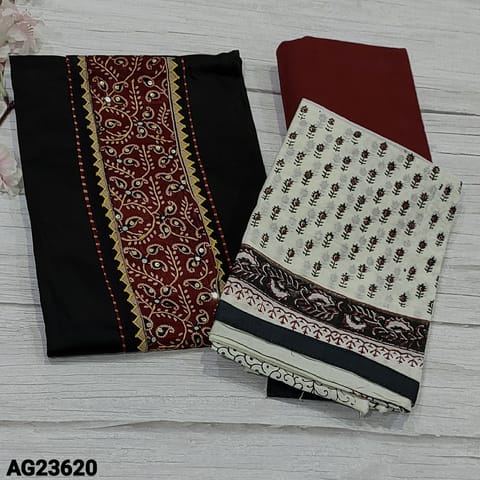 CODE AG23620 :  Black Satin Cotton unstitched Salwar material(soft, texture fabric, lining optional) ajrak block printed yoke patch with kantha stich and sequins detailing, Maroon Cotton Bottom, Block printed silk cotton dupatta with tapings
