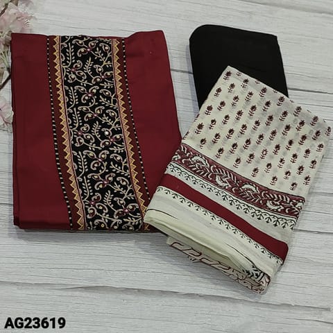 CODE AG23619 :  Reddish Maroon Satin Cotton unstitched Salwar material(soft, texture fabric, lining optional) ajrak block printed yoke patch with kantha stich and sequins detailing ,Black Cotton Bottom, Block printed silk cotton dupatta with tapings