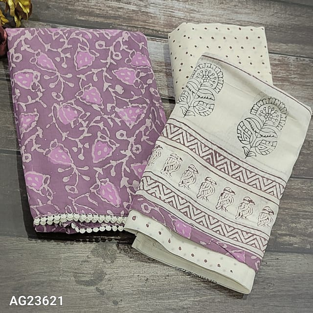 CODE AG23621:  Sober Pink  Pure Soft Cotton unstitched Salwar material(soft fabric, lining needed)Simple lace work daman, Wax Batik design all over, Block printed Cotton Bottom, Block printed soft mul cotton dupatta
