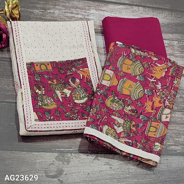 CODE AG23629 :  Beige Base Block Printed Jute Cotton unstitched Salwar material(soft fabric, lining optional) art silk yoke patch, Rani Pink Cotton Bottom, Printed art silk dupatta