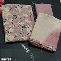 CODE INHY35 : Light Onion Pink Floral Printed Soft fancy Silk Cotton Unstitched Salwar material(light weight, shiny fabric, lining included) with fancy buttons on yoke, matching Crepe fabric provided for lining , Matching silky Bottom, thread and sequins work on Dual shade soft silk cotton dupatta