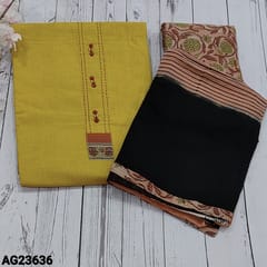 CODE AG23636 : Bright Mehandhi Yellow Premium Spun Cotton Unstitched Salwar material(soft, texture fabric, lining optional) with kantha stich and wooden buttons on yoke, Peach printed kantha Cotton Bottom, Block printed chiffon dupatta