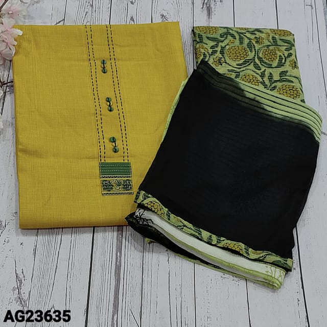 CODE AG23635 : Bright Mehandhi Yellow Premium Spun Cotton Unstitched Salwar material(soft, texture fabric, lining optional) with kantha stich and wooden buttons on yoke, Green printed kantha Cotton Bottom, Block printed chiffon dupatta