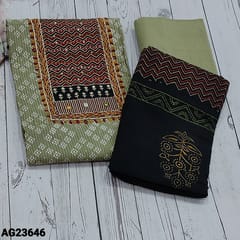 CODE AG23646  Light Olive Green soft kantha cotton unstitched Salwar material(soft fabric, lining needed) contrast block printed yoke patch highlighted with kantha stich and feather stitch detailing, kantha stich pattern and batik design all over, Matching fabric provided for lining, NO BOTTOM, printed mul cotton dupatta