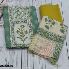 CODE AG23650 : Cement Green Satin cotton unstitched Salwar material(soft, texture fabric, lining needed) block printed yoke patch with foil work and thread detailing, printed all over, Mehandhi Yellow Spun Cotton Bottom, block printed Soft Silk Cotton Dupatta with tapings
