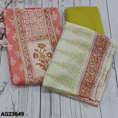 CODE AG23649 : Pink Satin cotton unstitched Salwar material(soft, texture fabric, lining needed) block printed yoke patch with foil work and thread detailing, printed all over, Bright Mehandhi Yellow Spun Cotton Bottom, block printed Soft Silk Cotton Dupatta with tapings