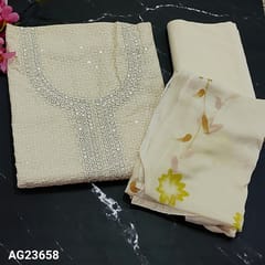 CODE AG23658: Pastel Yellow hakoba Pure Cotton Unstitched Salwar material (thin fabric, lining needed) with thread and faux work on yoke, chikankari work and digital printed on frontside, Matching Cotton Bottom, brush paint work on chiffon dupatta