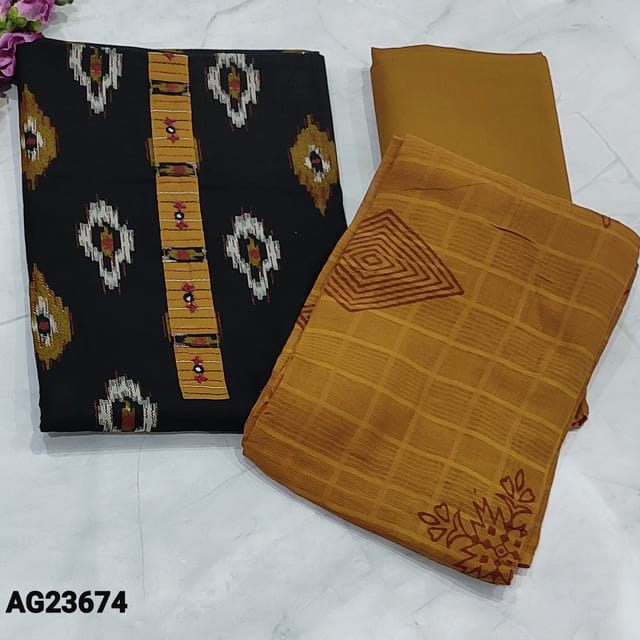 CODE AG23674: Black Ikat woven Premium Cotton unstitched salwar material(soft fabric ,lining optional) with real mirror and thread work on yoke, Honey Brown Pure Cotton Bottom, Block Printed mul cotton dupatta with tapings