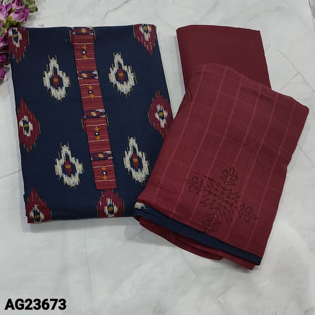 CODE AG23673 : Dark Blue Ikat woven Premium Cotton unstitched salwar material(soft fabric ,lining optional) with real mirror and thread work on yoke, Maroon Pure Cotton Bottom, Block Printed mul cotton dupatta with tapings