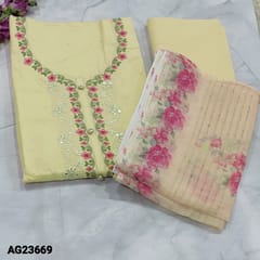 CODE AG23669 : Pastel Yellow Pure Cotton unstitched salwar material(thin needed, lining optional) with embroidery, foil work and fancy buttons on yoke, small embroidery work on frontside, Matching Cotton Bottom, Floral printed premium linen dupatta