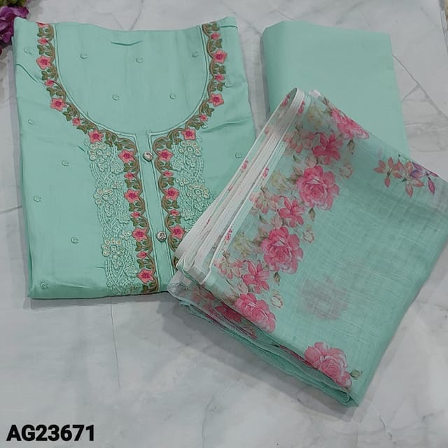 CODE AG23671 : Sea Green Pure Cotton unstitched salwar material(thin needed, lining optional) with embroidery, foil work and fancy buttons on yoke, small embroidery work on frontside, Matching Cotton Bottom, Floral printed premium linen dupatta