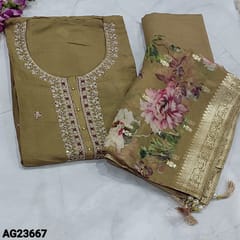 CODE AG23667 : Designer Light Olive Green Dola Silk unstitched Salwar material(silky, soft fabric, lining needed) round neck, zari, sequins work and thread detailing on yoke, zardozi work on frontside, Matching Santoon Bottom, floral printed Pure organza dupatta with benerasi weaving buttas and borders