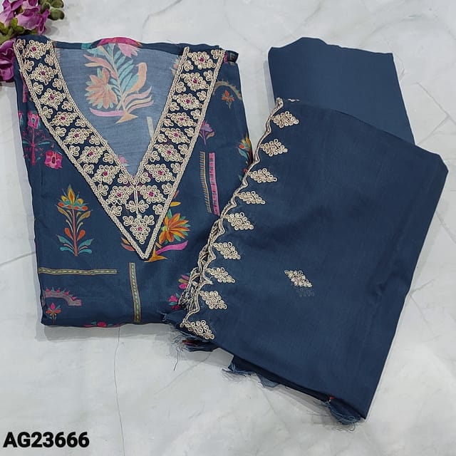 CODE AG23666 : Designer Dark Teal Blue Digital printed Pure Masleen Silk unstitched Salwar material(shiny, soft fabric, lining needed) V-neck highlighted with zari and sequins work, zari and cut work edges on daman, Matching Spun cotton Bottom, short width Soft silk cotton dupatta with zari and sequins work