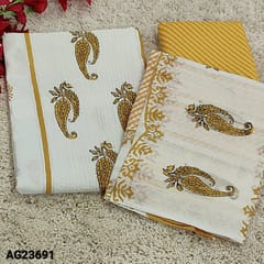 CODE AG23691 : Designer Half White Premium Pure soft Mul Cotton unstitched Salwar materials(thin fabric, lining needed) pintuck and hand block printed design on panel, Yellow Lehriya printed Cotton Bottom, block printed premium mul cotton dupatta with tapings