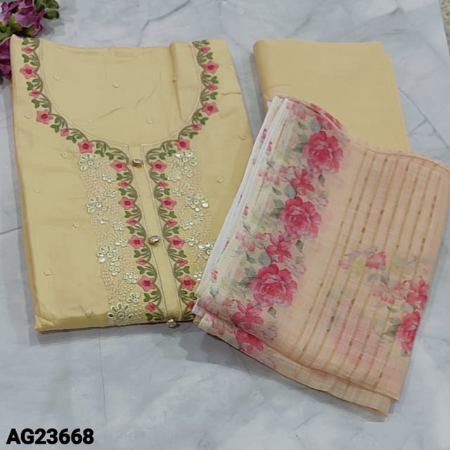 CODE AG23668 : Pastel Peach Pure Cotton unstitched salwar material(thin needed, lining optional) with embroidery, foil work and fancy buttons on yoke, small embroidery work on frontside, Matching Cotton Bottom, Floral printed premium linen dupatta