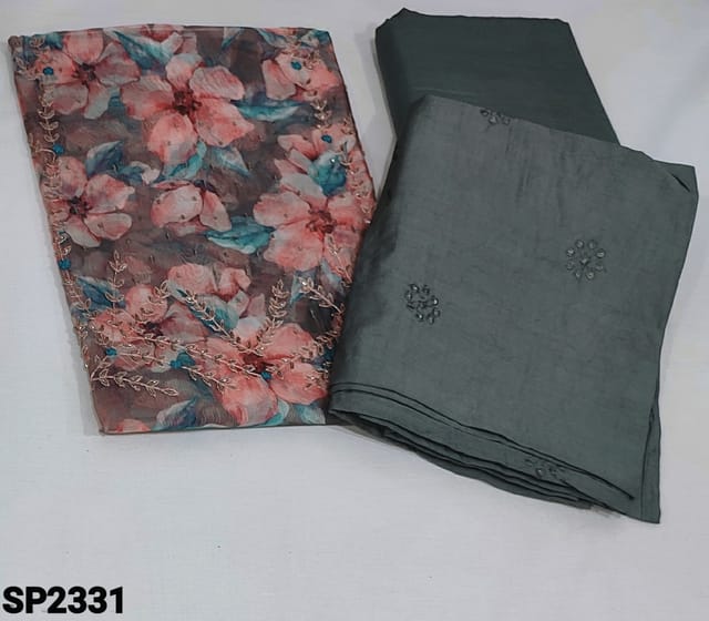 CODE SP2331 : Grey base Floral printed Fancy Organza unstitched Salwar material(light weight thin, lining needed) Matching silky fabric provided for both lining and Bottom, soft silk cotton dupatta, check complete description below before ordering