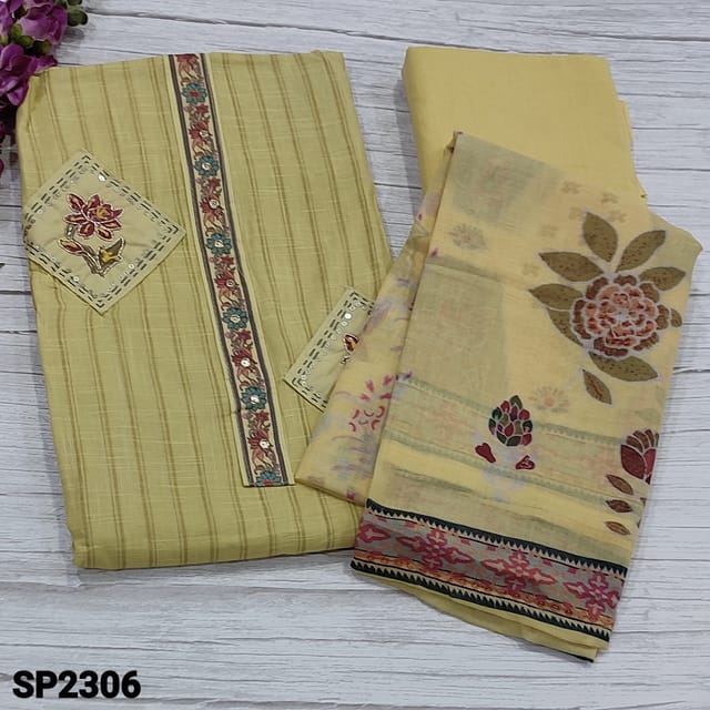CODE SP2306 : Pastel Yellow Pure Soft Cotton unstitched dress material(thin, soft fabric, lining needed) patch work highlighted with floral work, zardozi and sequins work on yoke, vertical stripe printed all over, Matching pure soft cotton fabric provided for lining, NO BOTTOM, Floral printed soft mixed cotton dupatta