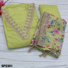 CODE SP2301 Designer Light Green Pure Dola Silk Unstitched Salwar material(shiny fabric, lining needed) V-Neck highlighted with gota patch, zari and sequins work, Matching Santoon Bottom, floral printed pure dola silk dupatta and zari and sequins work borders with cut work edges