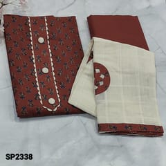 CODE SP2338 : Maroon Printed Soft Cotton Unstitched Salwar material (thin fabric, lining optional) with buttons and lace work on yoke,  Black Cotton Bottom, applique work on Soft mul cotton dupatta with self checkered pattern