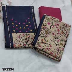 CODE SP2334 : Navy Blue Slub Cotton Unstitched Salwar material (Texture fabric, lining optional) Art silk yoke patch and colorful mirror work, Dark Pink Cotton Bottom, Printed art silk dupatta with tapings