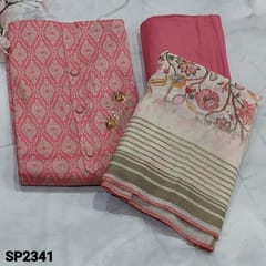 CODE SP2341 : Pink  Printed Satin cotton unstitched Salwar material(soft, texture fabric, lining optional) with floral design highlighted with sequins and thread detailing, Matching Spun Cotton Bottom, Digital printed soft silk cotton dupatta