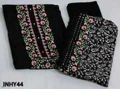CODE INHY44 : Designer Black Premium soft silk cotton unstitched salwar material(soft fabric, lining needed) embroidery work and sequins on yoke, floral embroidery on frontside, Matching Spun Cotton Bottom, Printed georgette dupatta with embroidered and sequins fancy lace tapings