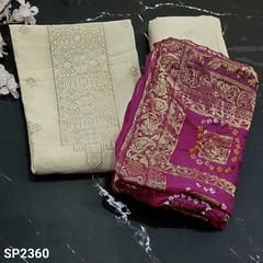 CODE SP2360 : Designer Half White Base Pure Dola Silk Cotton Unstitched salwar material(soft and silky fabric, lining needed) benerasi woven yoke, zari woven buttas and antic gold zari woven on frontside, Matching Santoon Bottom, Bright Rani Pink  bhandhini tie and die fancy silk dupatta and zari checkered pattern with borders