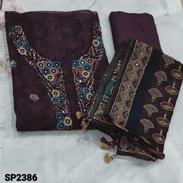 CODE SP2386 : Designer Dark Beetroot Purple Digital Printed Silk Cotton Unstitched Salwar material(thin fabric, Lining needed) with hand embroidery and sequins work on yoke(separate Daman Border Provided)  floral embroidery work and printed all over, Matching Santoon Bottom, embroidery and kantha stich work digital printed silk cotton dupatta fancy tassels