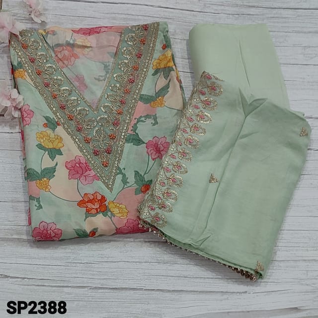CODE SP2388 : Designer Colorful Floral Printed Pure Masleen Silk Unstitched salwar material(soft, thin fabric, lining needed)V neck, zardozi, sequins with french knot on yoke, floral printed all over, Light Pastel Blue Santoon Bottom, short width Soft silk cotton Dupatta with heavy sequins work and cut work edges