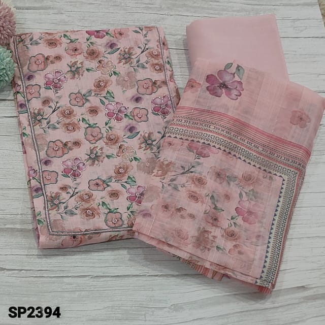 CODE SP2394 : Pastel Pink Floral printed Premium Linen unstitched Salwar material(texture, thin fabric, lining needed) with floral printed outline thread work, sugar bead and cut bead work on yoke, Matching pure soft cotton fabric provided for lining, NO BOTTOM, linen dupatta with thin gold zari lines