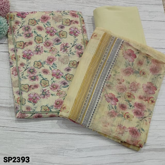 CODE SP2393 : Pastel Yellow Floral printed Premium Linen unstitched Salwar material(texture, thin fabric, lining needed) with floral printed outline thread work, sugar bead and cut bead work on yoke, Matching pure soft cotton fabric provided for lining, NO BOTTOM, linen dupatta with thin gold zari lines
