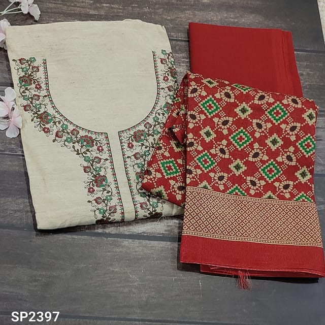 CODE SP23971 : Beige Slub Silk Cotton unstitched Salwar material(texture, thin fabric, lining needed) embroidery work on sequins work on yoke, Red Cotton Bottom, patola printed art silk dupatta