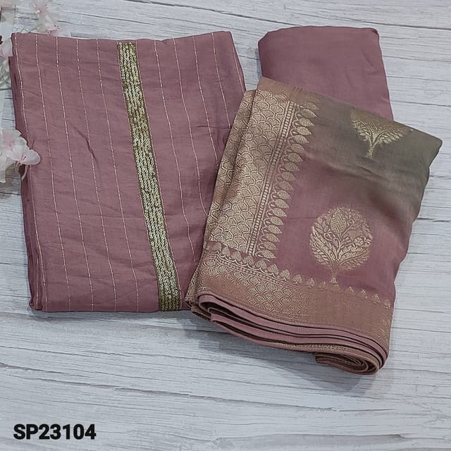 CODE SP23104 : Designer Mauve Shade Soft silk cotton unstitched salwar material(light weight, soft fabric, lining needed) with antique sequins work on yoke, thin zari lines all over, matching Santoon Bottom, dual shaded dola silk dupatta  with antic zari woven borders