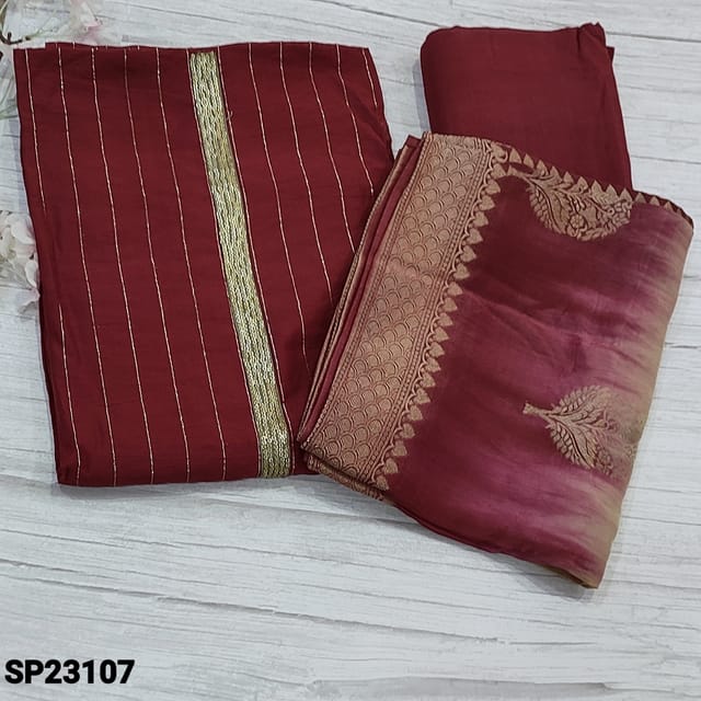 CODE SP23107 : Designer Reddish Maroon Soft silk cotton unstitched salwar material(light weight, soft fabric, lining needed) with antique sequins work on yoke, thin zari lines all over, matching Santoon Bottom, dual shaded dola silk dupatta  with antic zari woven borders