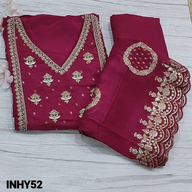 CODE INHY52 : Designer Dark Pink Pure Dola Silk cotton unstitched salwar material(silky, thin fabric, lining needed) V-Neck highlighted with zari, zardozi and tiny bead detailing on yoke, Matching Santoon Bottom, pure organza dupatta with benerasi woven design borders and cut work edges