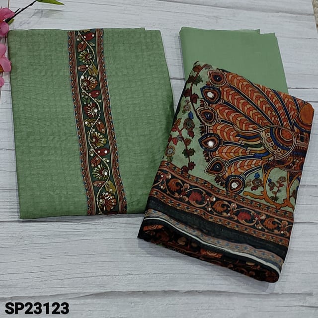 CODE SP23123 :  Pastel Green Digital printed Silk Cotton Unstitched salwar material (thin fabric, lining needed) with digital printed yoke patch highlighted with kantha stich work and sequins detailing, sober printed all over, Matching Cotton Bottom, peacock design kalamkari printed silk cotton dupatta