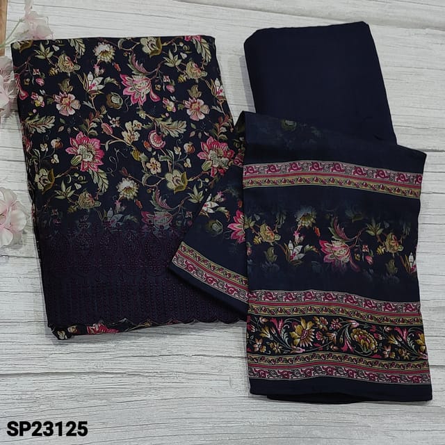 CODE SP23125 :  Navy Blue Modal Masleen Unstitched Salwar material(soft, silky fabric, lining needed) floral printed all over, embroidery and cut work edges on daman, Matching Spun Cotton Bottom, Modal masleen dupatta