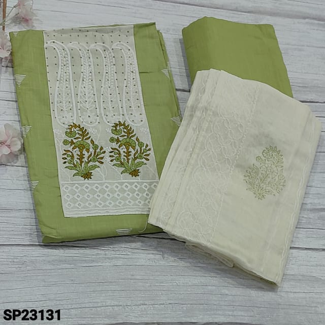 CODE SP23131 : Light Green Pure Soft Mul Cotton unstitched Salwar material(soft fabric, lining needed) with block printed and embroidery work on yoke, Matching soft Bottom, block printed and embroidered mul cotton dupatta with lace tapings