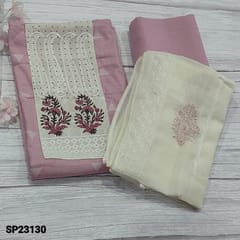 CODE SP23130 : Pink Pure Soft Mul Cotton unstitched Salwar material(soft fabric, lining needed) with block printed and embroidery work on yoke, Matching soft Bottom, block printed and embroidered mul cotton dupatta with lace tapings