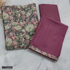 CODE INHY55 : Grey Base Floral Printed Fancy Silk Cotton Unstitched Salwar material(light weight, lining included) with fancy buttons on yoke, matching Crepe fabric provided for lining, Light Beetroot Purple Silky Bottom, thread and sequins work on soft silk cotton dupatta with tapings