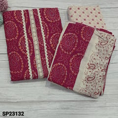 CODE SP23132 : Dark Pink Kantha Pure Soft Cotton unstitched Salwar material(soft fabric, lining optional) with crochet lace detailing on yoke, banthini printed and kantha stich all over, block printed pure soft Cotton Bottom, patch work pattern on block printed premium mul cotton dupatta with tapings