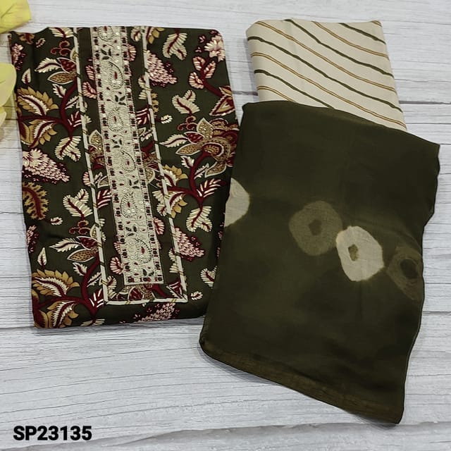 CODE  SP23135 : Dark Olive Green Floral Printed modal fabric unstitched Salwar material(flowy, soft  fabric, lining needed) simple embroidery and sequins work on yoke, Printed modal Bottom, shibhori dyed chiffon dupatta with tapings