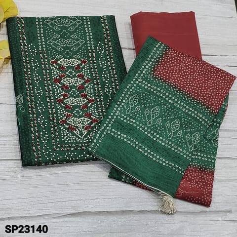 CODE SP23140 : Designer Bottle Green Premium Silk cotton unstitched Salwar material (light weight, thin fabric, lining needed) with french knot and antic sequins work on yoke, Banthini Printed all over, Maroon Silky Bottom, banthini printed dual shaded silk cotton dupatta
