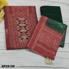 CODE  SP23139 : Designer Maroon Premium Silk cotton unstitched Salwar material (light weight, thin fabric, lining needed) with french knot and antic sequins work on yoke, Banthini Printed all over, Bottle Green Silky Bottom, banthini printed dual shaded silk cotton dupatta