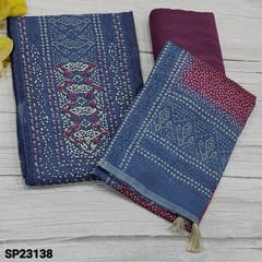 CODE  SP23138 : Designer Blue Premium Silk cotton unstitched Salwar material (light weight, thin fabric, lining needed) with french knot and antic sequins work on yoke, Banthini Printed all over, Purplish Pink Silky Bottom, banthini printed dual shaded silk cotton dupatta