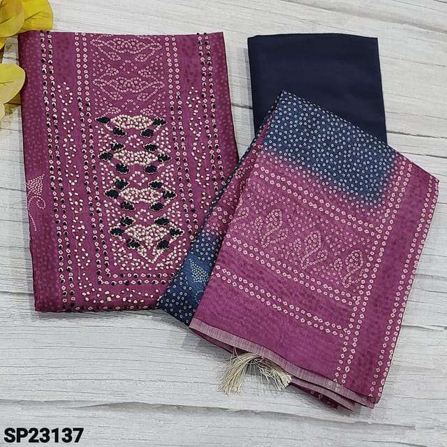 CODE  SP23137 : Designer Purplish Pink Premium Silk cotton unstitched Salwar material (light weight, thin fabric, lining needed) with french knot and antic sequins work on yoke, Banthini Printed all over, Navy Blue Silky Bottom, banthini printed dual shaded silk cotton dupatta